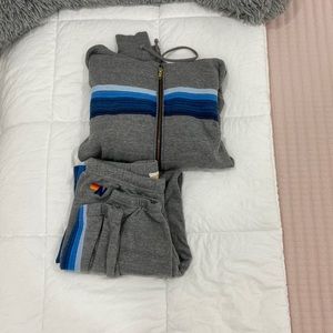 aviator nation heather grey blue five stripe sweatpants/sweatshirt set size m
